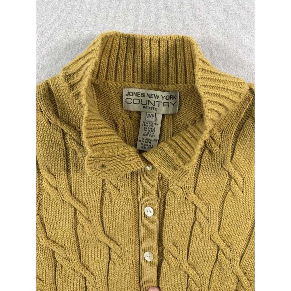 Vintage Jones New York Mustard‎ Yellow Cable Knit Cardigan Mock Neck Size P/S - Picture 4 of 11